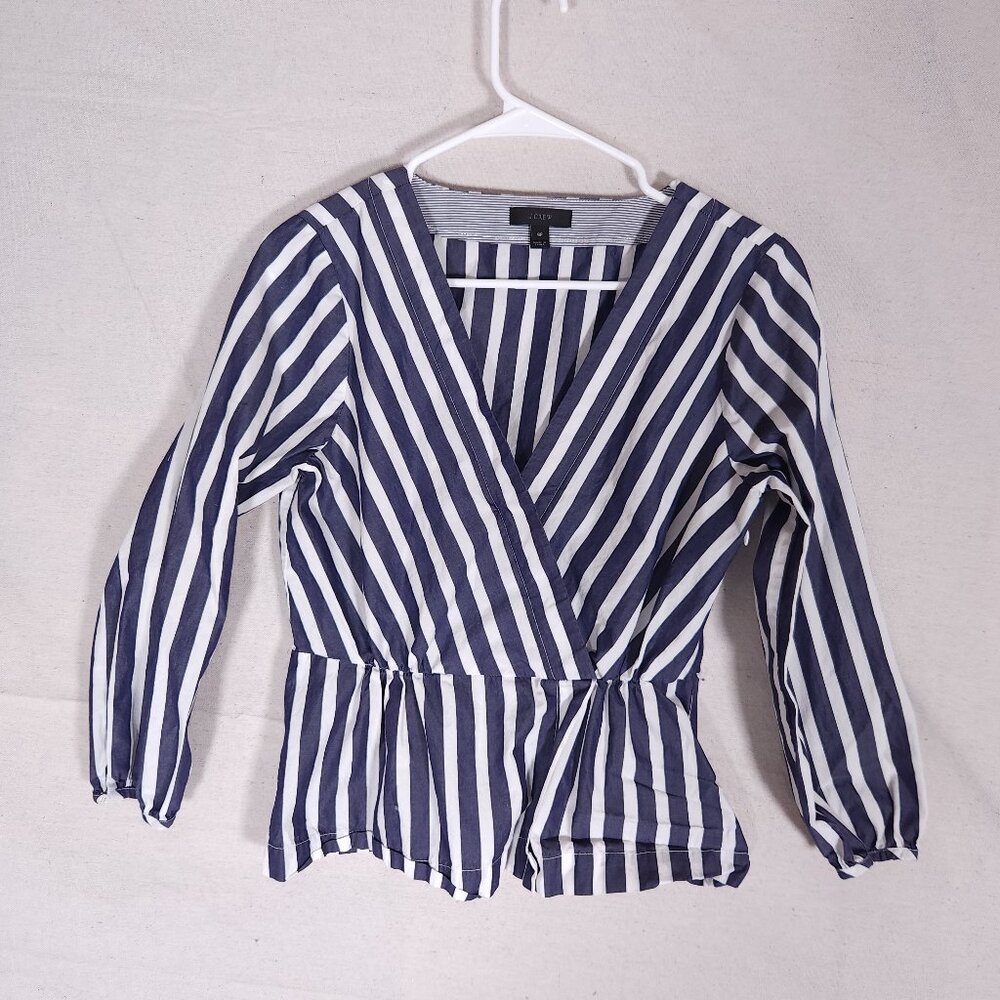 J.Crew Womens Blue White Stripe Faux Wrap Blouse 8P Elastic Waist Peplum Chic